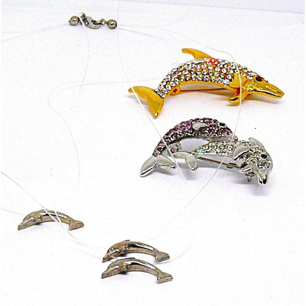 2 Crystal Gold & Silver Tone Porpoise Dolphin Pin Brooches w Illusion Necklace - Picture 2 of 4